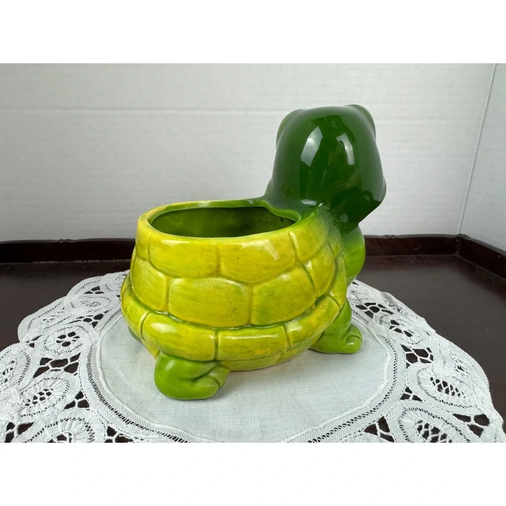 Vintage Ceramic Turtle Planter Green Yellow Anthropomorphic Tortoise Figurine - Picture 8 of 10